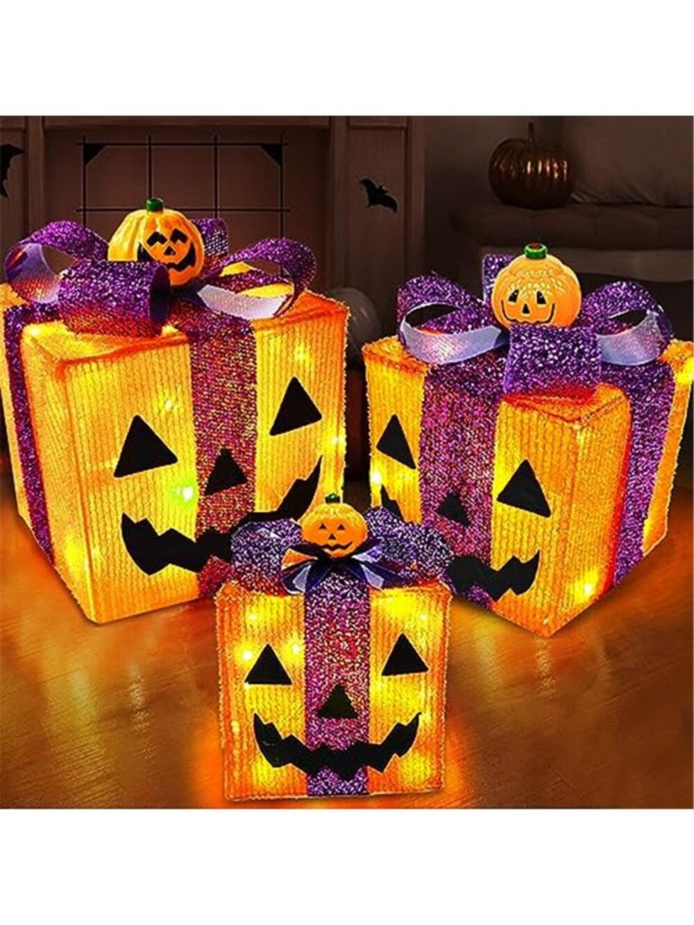 [ 8 Modes & Timer ] 3 Pack Lighted Halloween Pumpkin Decorations Gift Box